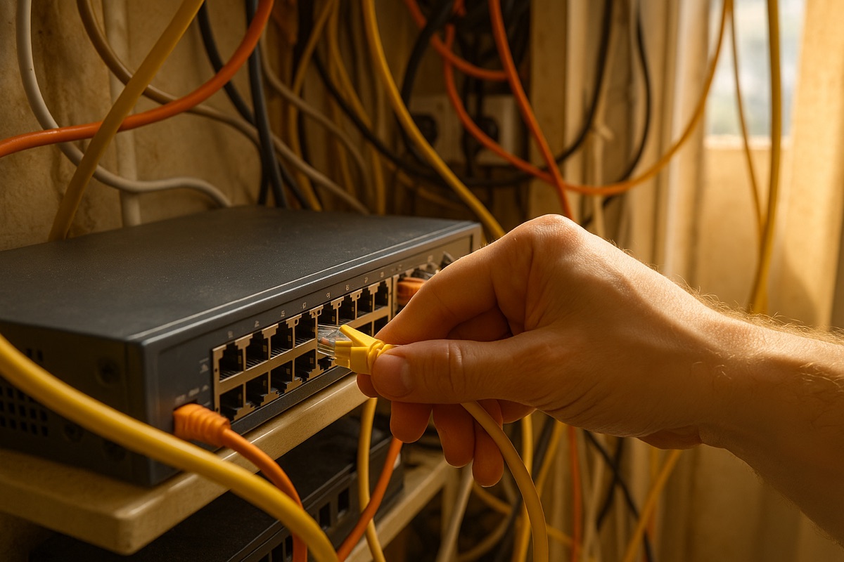 A hand plugging a network cable into a switch in a cramped utility closet