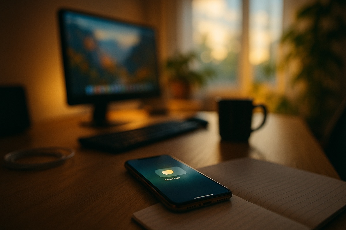 A smartphone lighting up with a notification on a desk at night