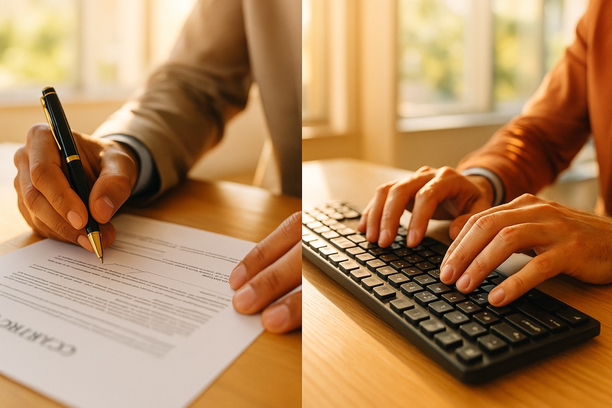 Two contrasting hands: one signing a contract, one typing on a keyboard