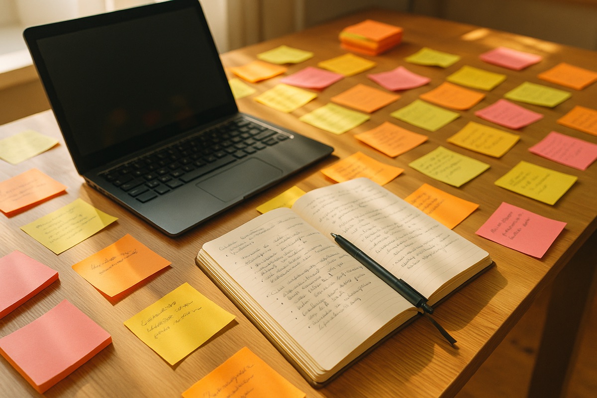 A cluttered desk with sticky notes and a notebook next to a laptop