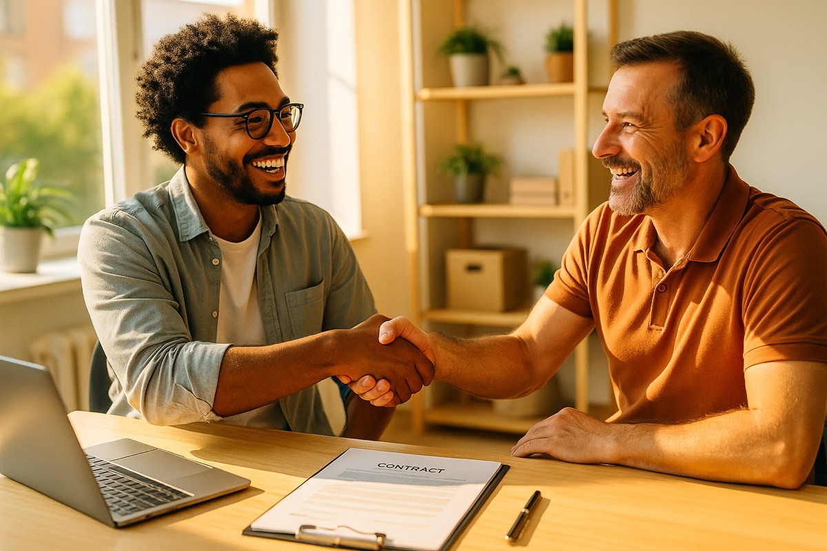 A handshake between an IT consultant and a business owner over a desk