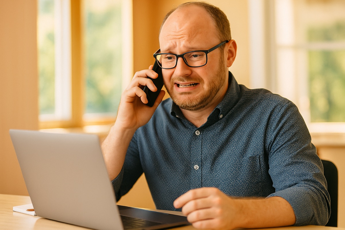 A person looking mildly uncomfortable while saying a number on a phone call