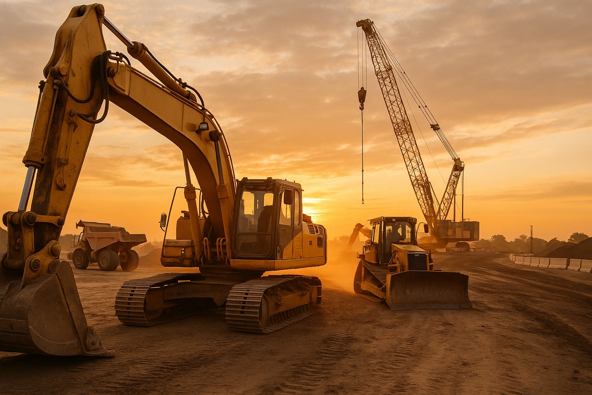 A construction site at dawn with heavy equipment under an overcast sky