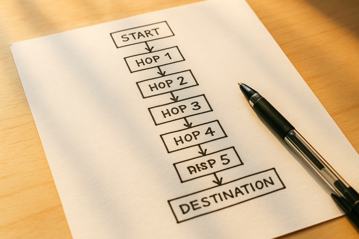 A network trace sketched by hand on paper, hop by hop