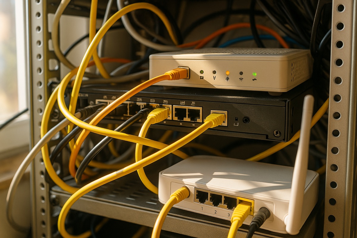 Close-up of network and ISP equipment in a utility rack