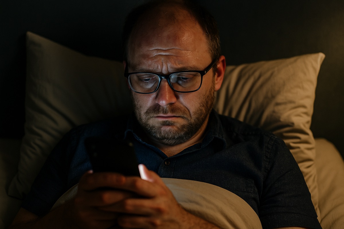 A tired, drained person checking their phone in bed at night