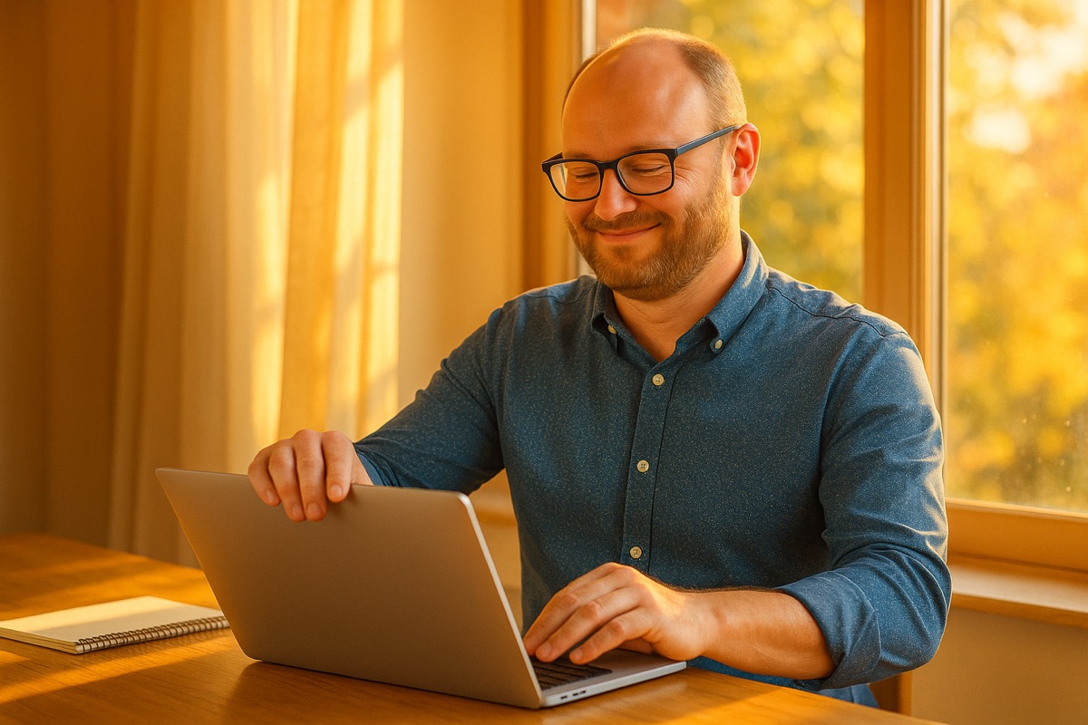 A calm, satisfied person closing their laptop in evening light