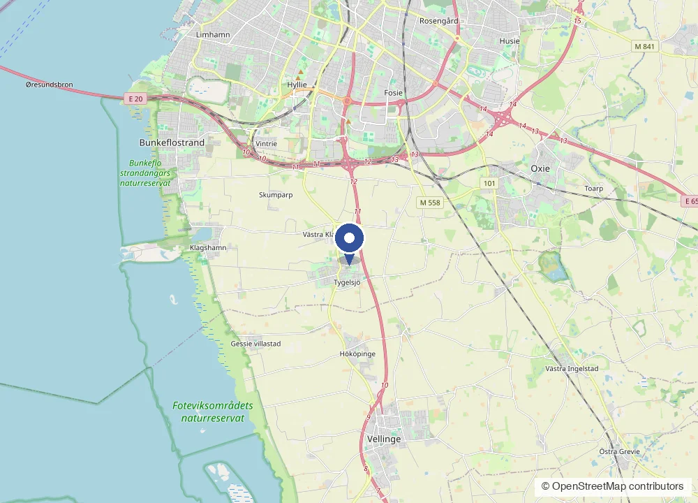 Map showing Tygelsjö just south of central Malmö